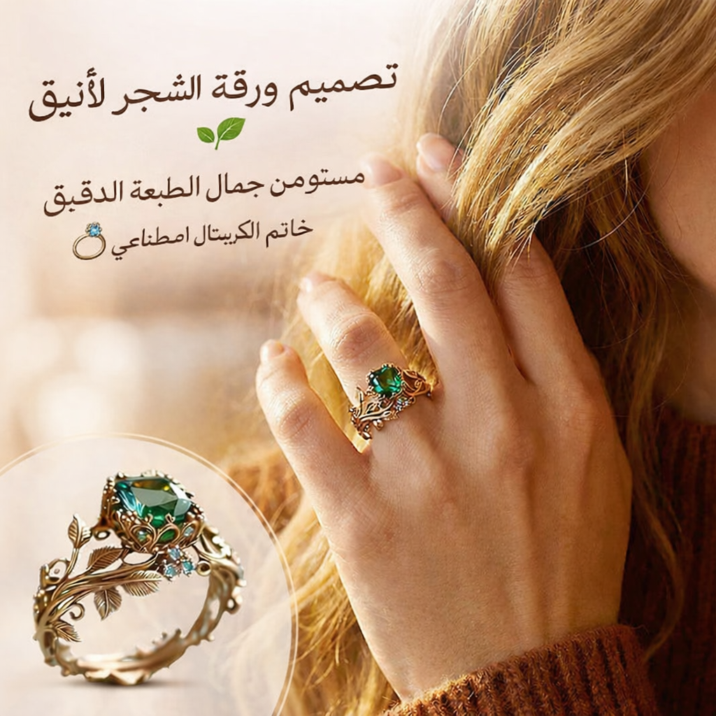 خاتم الكريستال الأخضر بأوراق الشجر 💚